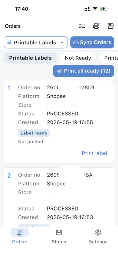 Orders screen