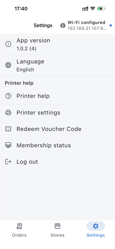 Settings screen
